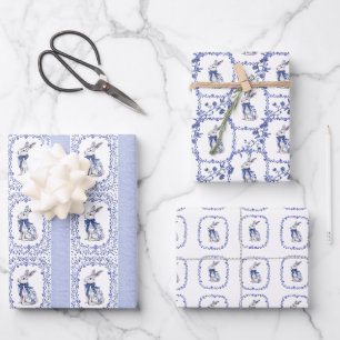 Watercolor Blue & White Chinoiserie Bunny Rabbit Wrapping Paper Sheets