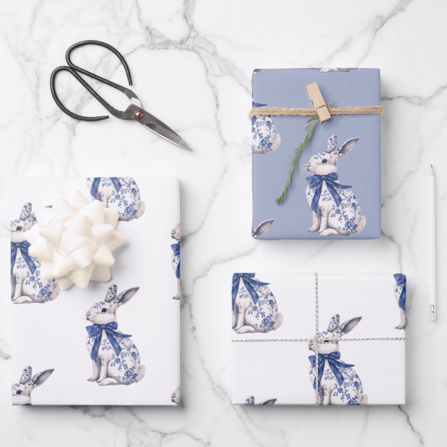 Watercolor Blue & White Chinoiserie Bunny Rabbit Wrapping Paper Sheets (Front)