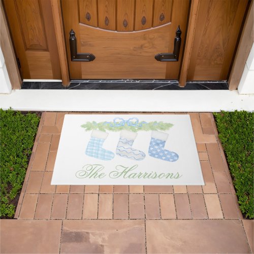 Watercolor Blue  White Christmas Stockings Doormat