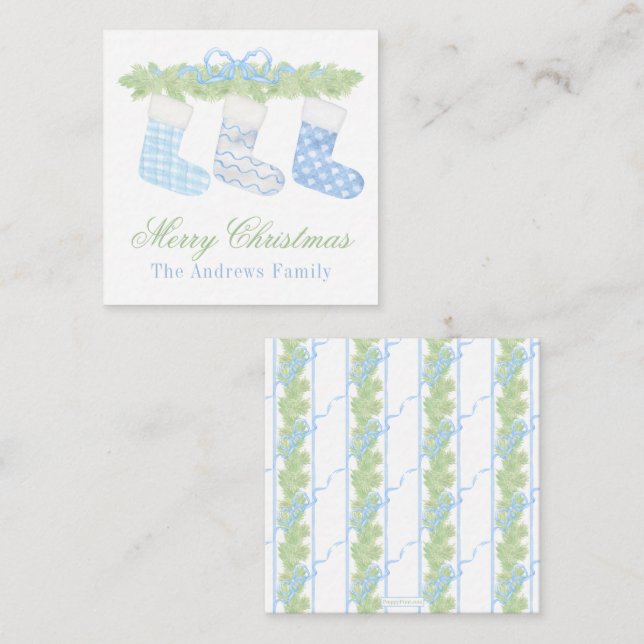 Watercolor Blue & White Christmas Stockings Gift Note Card (Front/Back)