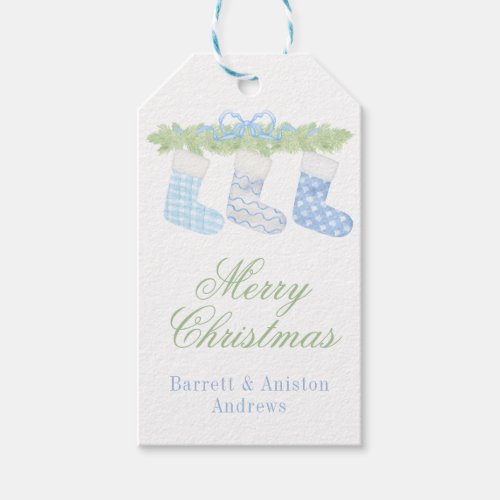 Watercolor Blue  White Christmas Stockings Gift Tags