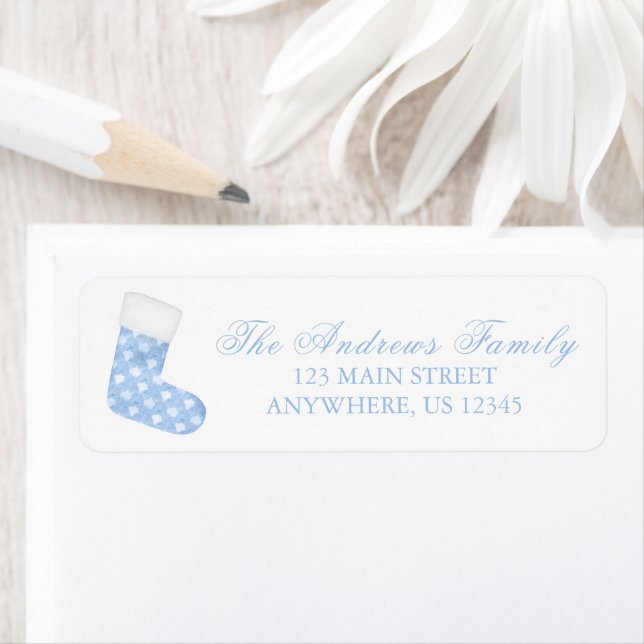 Watercolor Blue & White Christmas Stockings Label (Insitu)