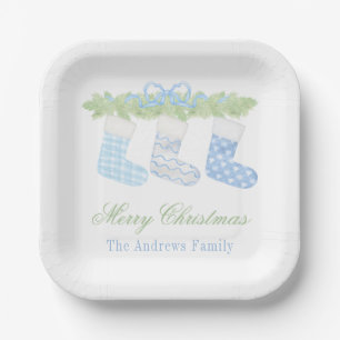 Watercolor Blue & White Christmas Stockings Paper Plates