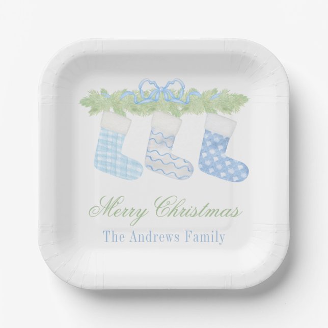 Watercolor Blue & White Christmas Stockings Paper Plates (Front)