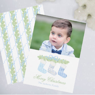 Watercolor Blue & White Christmas Stockings Photo Holiday Card