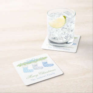 Watercolor Blue & White Christmas Stockings Square Paper Coaster