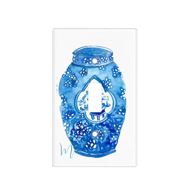 Watercolor Blue White Elegant Ginger Jar  Light Switch Cover (Front)