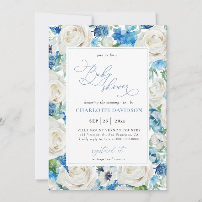 Watercolor Blue White Floral Boy Baby Shower  Invitation (Front)