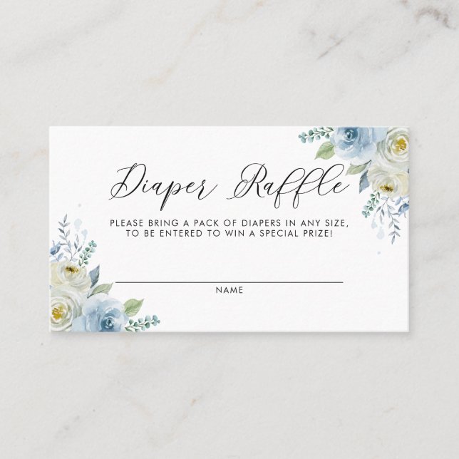 Watercolor Blue & White Floral Diaper Raffle Card (Front)