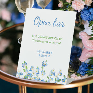 Watercolor Blue & White Floral Open Bar Wedding Pedestal Sign