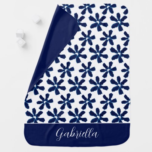 Watercolor Blue White Floral Pattern Custom Name Baby Blanket