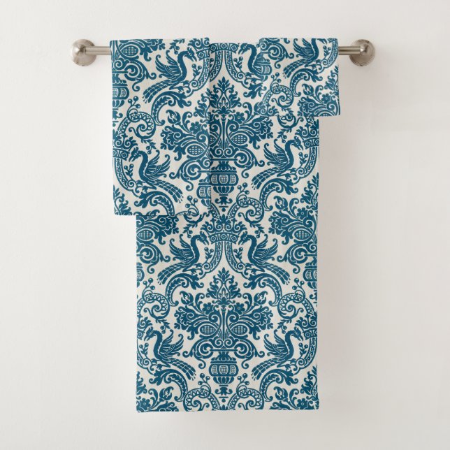 Watercolor Blue & White Floral Vintage Pattern Bath Towel Set (Insitu)