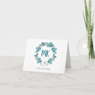 Watercolor Blue White Floral Wreath Monogram Note Card