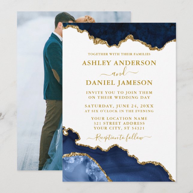 Watercolor Blue White Gold Marble Geode Photo Invitation (Front/Back)
