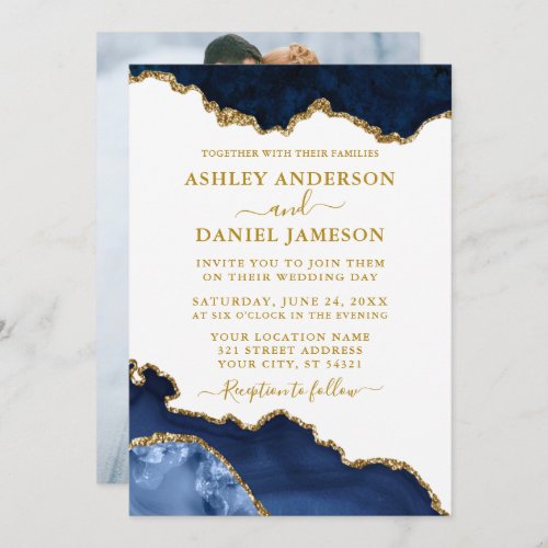 Watercolor Blue White Gold Marble Geode Photo Invitation