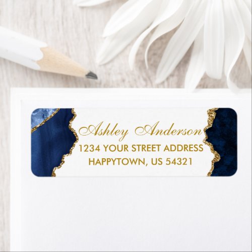 Watercolor Blue White Gold Marble Return Address Label