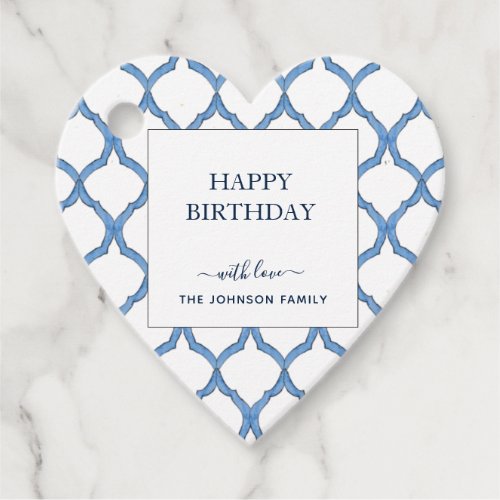 Watercolor Blue  white Heart Shape Happy Birthday Favor Tags