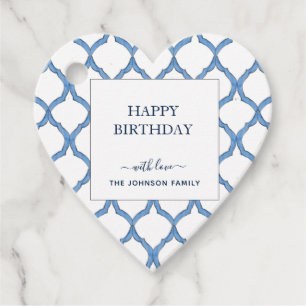 Watercolor Blue & white Heart Shape Happy Birthday Favor Tags