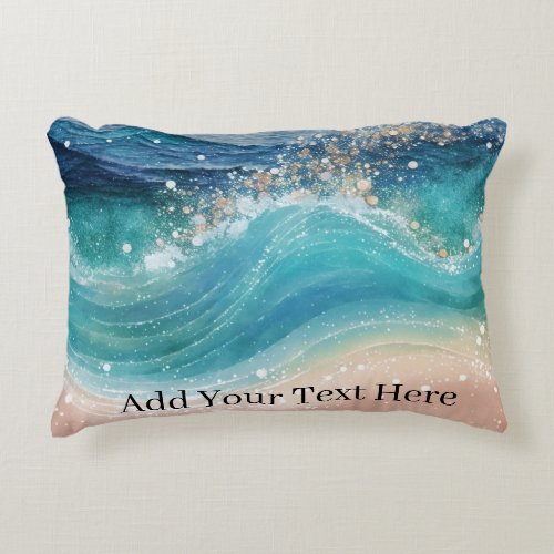 Watercolor Blue White Ocean Wave Custom Photo Name Accent Pillow