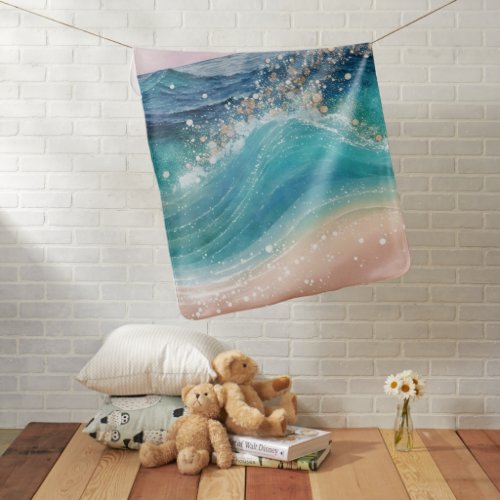 Watercolor Blue White Ocean Wave Custom Photo Name Baby Blanket