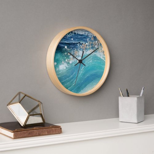 Watercolor Blue White Ocean Wave Custom Photo Name Clock