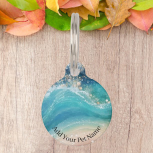 Watercolor Blue White Ocean Wave Custom Photo Name Pet ID Tag