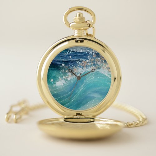 Watercolor Blue White Ocean Wave Custom Photo Name Pocket Watch
