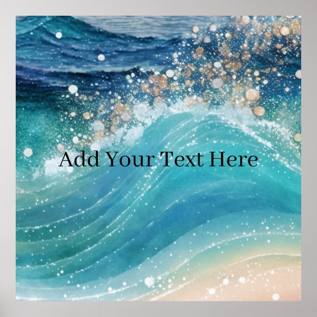 Watercolor Blue White Ocean Wave Custom Photo Name Poster (Front)