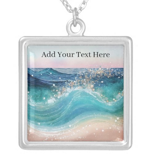 Watercolor Blue White Ocean Wave Custom Photo Name Silver Plated Necklace