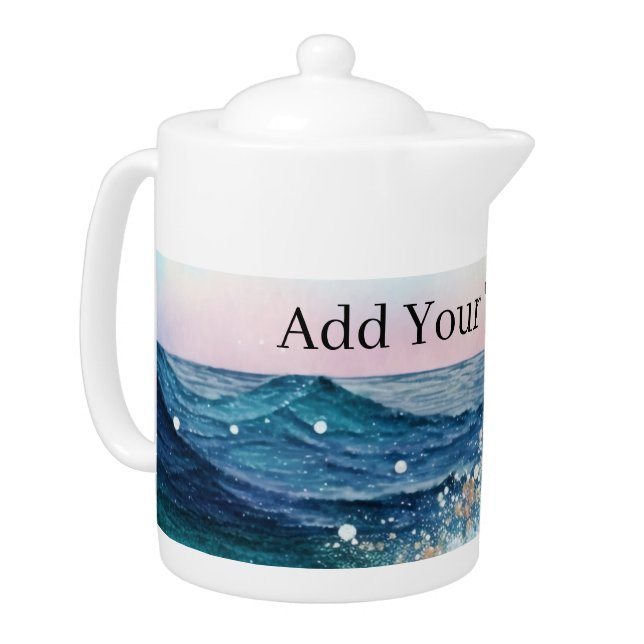 Watercolor Blue White Ocean Wave Custom Photo Name Teapot (Left)