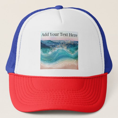 Watercolor Blue White Ocean Wave Custom Photo Name Trucker Hat