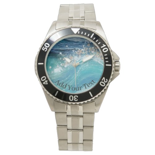 Watercolor Blue White Ocean Wave Custom Photo Name Watch