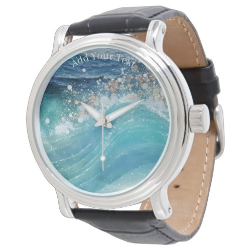 Watercolor Blue White Ocean Wave Custom Photo Name Watch