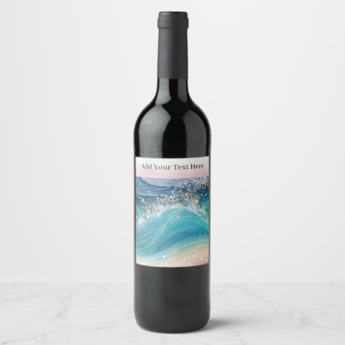 Watercolor Blue White Ocean Wave Custom Photo Name Wine Label