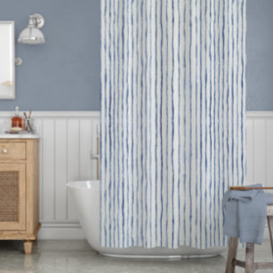 Watercolor Blue White Painted Striped Beach Decor  Shower Curtain