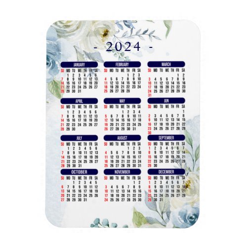 Watercolor Blue  White Roses Floral 2024 Calendar Magnet