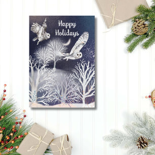 Watercolor Blue & White Snowy Owl Trees Christmas Holiday Card