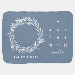 Watercolor Blue White Wreath Minimalist Milestone Baby Blanket
