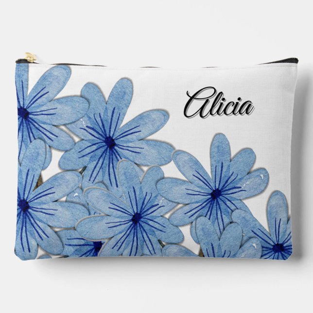 Watercolor Blue Wild Flowers Bouquet Name Accessory Pouch (Front)