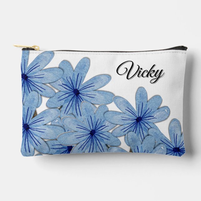 Watercolor Blue Wild Flowers Bouquet Name Accessory Pouch (Front)