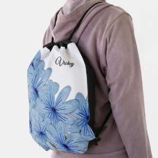 Watercolor Blue Wild Flowers Bouquet Name Drawstring Bag