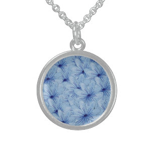 Watercolor Blue Wild Flowers Bouquet Sterling Silver Necklace