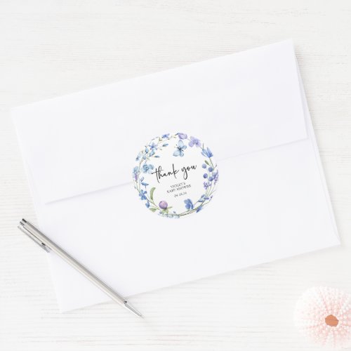 Watercolor Blue Wildflower Baby Shower Thank You Classic Round Sticker