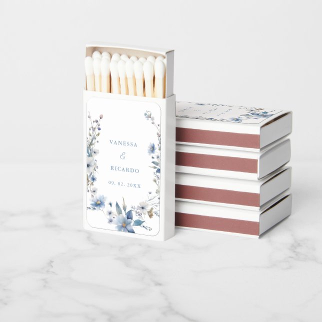 Watercolor Blue Wildflower Bridal Shower Wedding Matchboxes (Stacked)