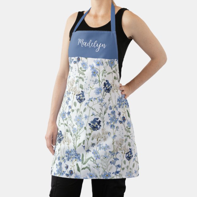 Watercolor Blue Wildflower Custom Name Apron (Insitu)