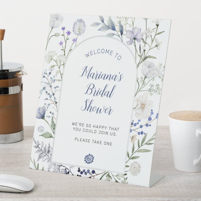 Watercolor Blue Wildflower Frame Bridal Shower Pedestal Sign (In SItu)