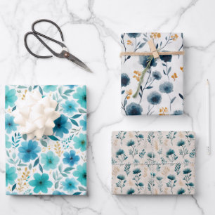 Watercolor Blue Wildflowers Aesthetic Floral Wrapping Paper Sheets