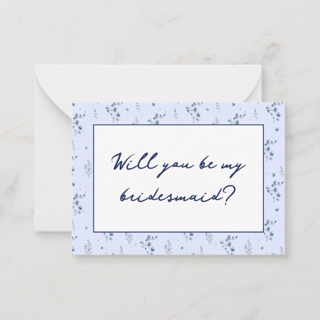 Watercolor Blue Wildflowers Bridesmaid Proposal Note Card (Front)