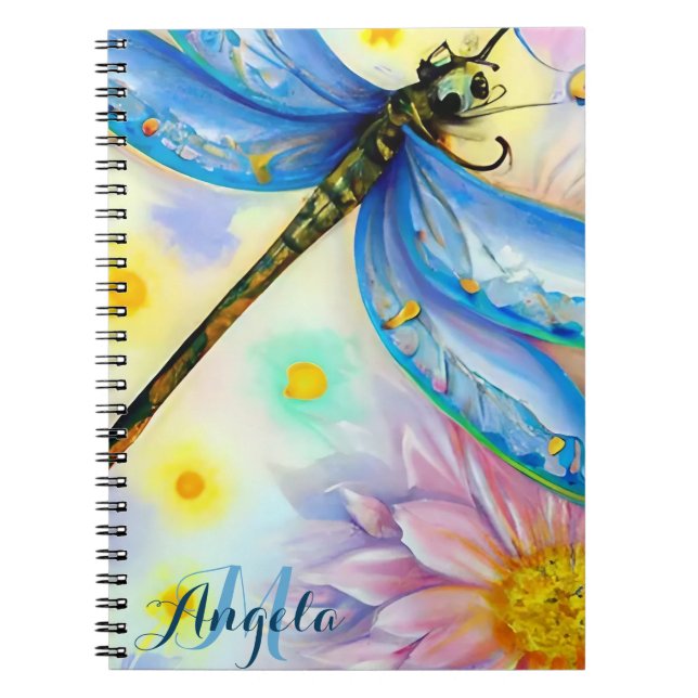 Watercolor Blue Wing Dragonfly, Personalize Notebook (Front)