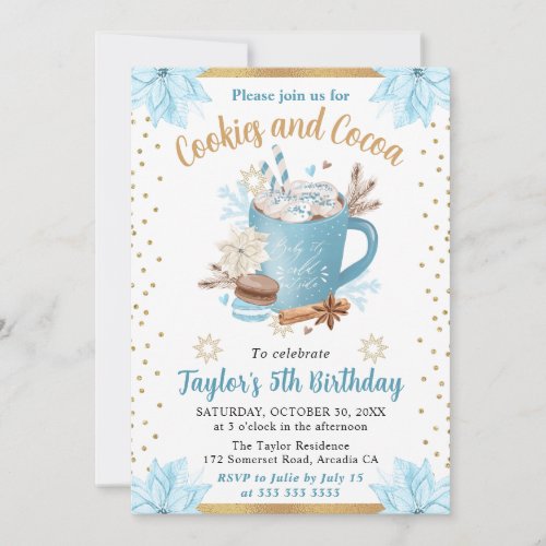 Watercolor Blue Winter Cookies and Cocoa Birthday Invitation